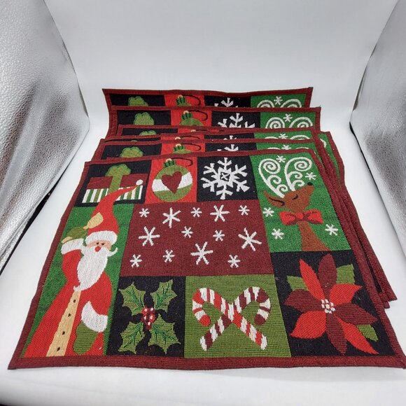 Tapestry Christmas Placemats Multi-colored Santa Reindeer Set Of 6 READ - Picture 5 of 6